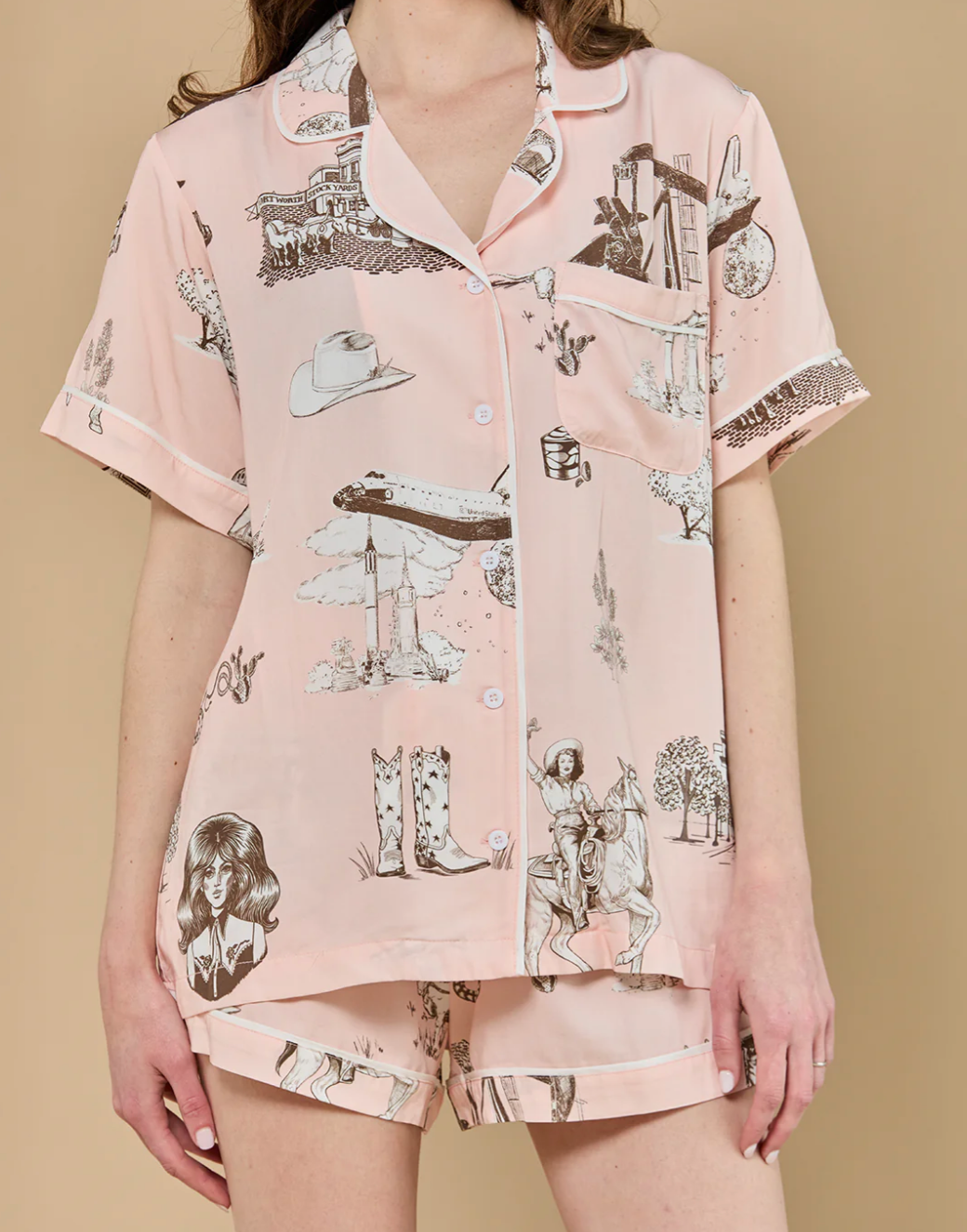 Texas Toile PJ Shorts Set-Sleepwear-Katie Kime-Pink Brown-XS-Mercantile Portland