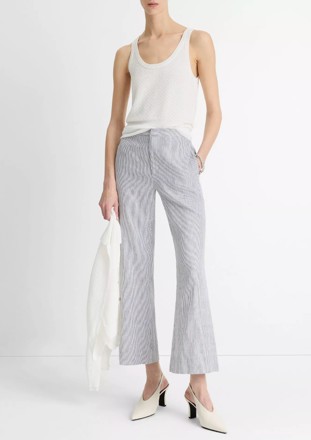 Ticking Striped Crop Flare Trousers-Pants-Vince-Iris Slate/ Off White-00-Mercantile Portland