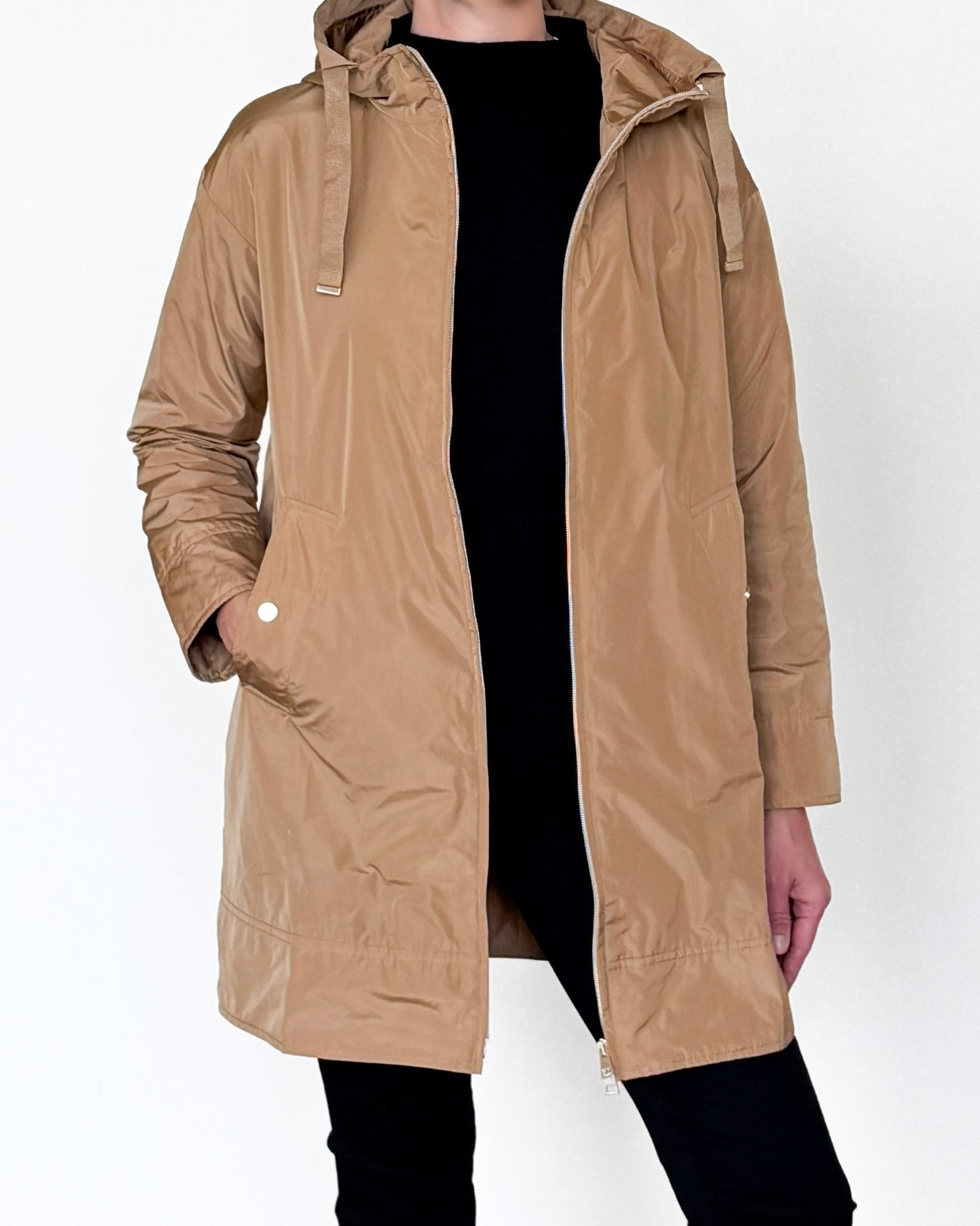 Trapezio Technical Raincoat with Hood-Clothing-Amina Rubinacci-Soft Caramel-38-Mercantile Portland