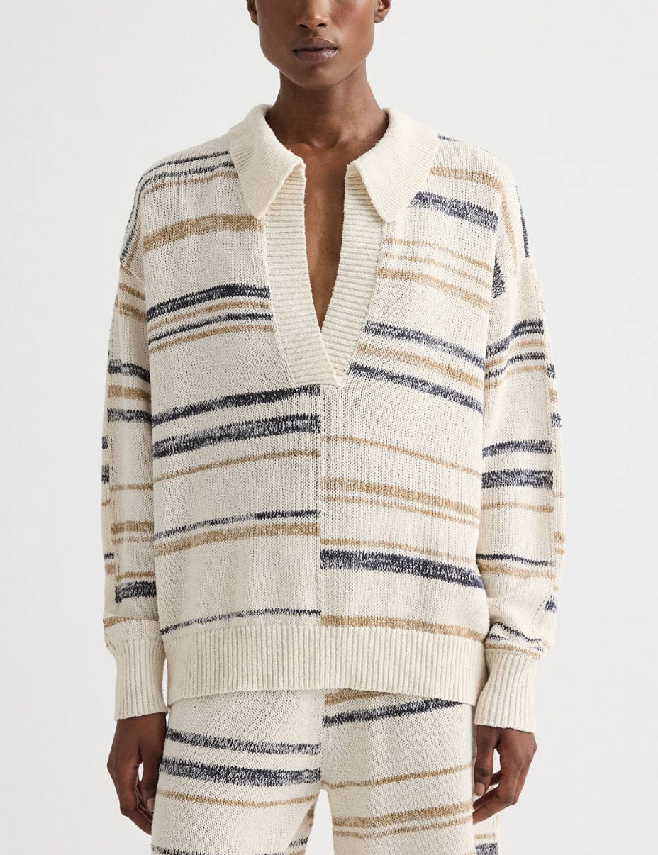 V-Neck Long Sleeve Polo-Tops-TWP-Ivory-XS-Mercantile Portland