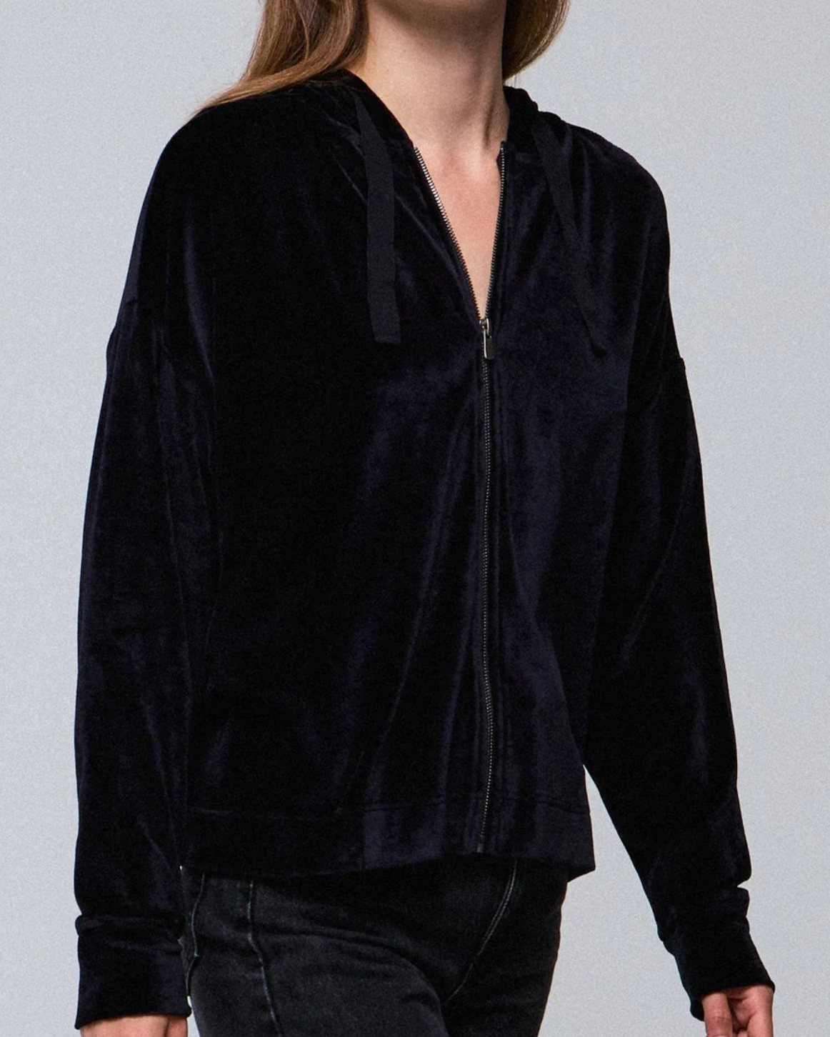 Velour Zip Front Hoodie-Clothing-Majestic Filatures-Black-1-Mercantile Portland