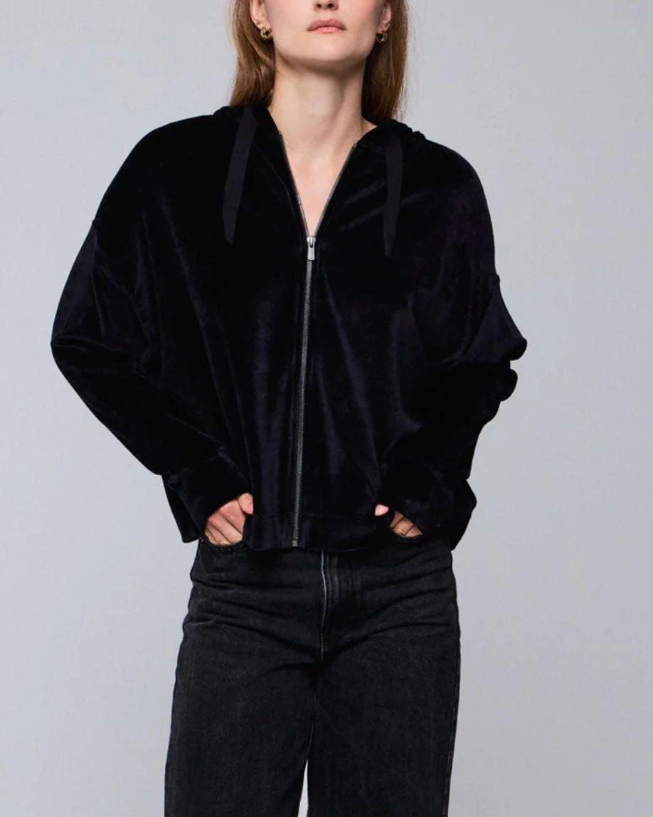 Velour Zip Front Hoodie-Clothing-Majestic Filatures-Black-1-Mercantile Portland