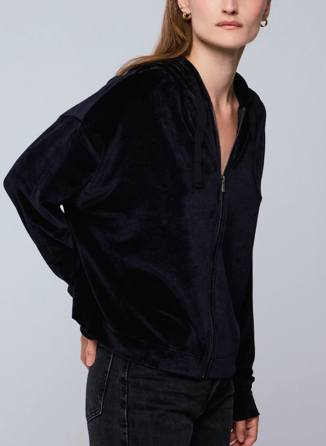 Velour Zip Front Hoodie-Clothing-Majestic Filatures-Black-1-Mercantile Portland