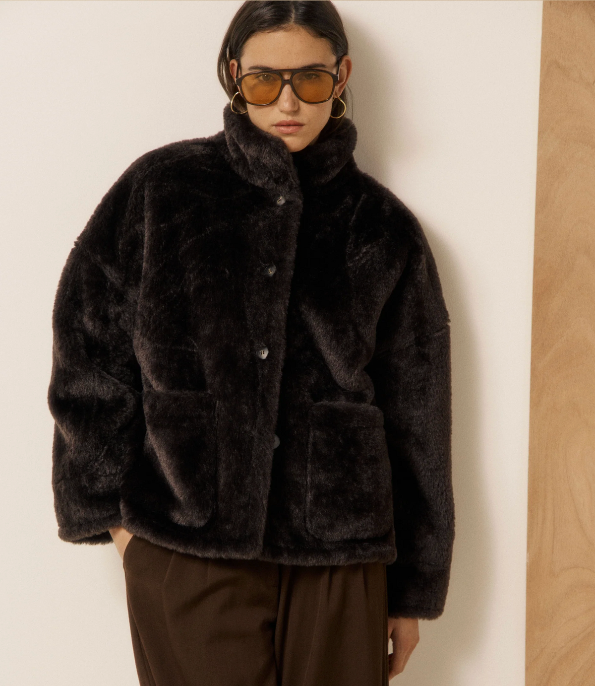 Vosmo Jacket in Chocolate Faux Fur-Outerwear-HARTFORD-Chocolate-1-Mercantile Portland