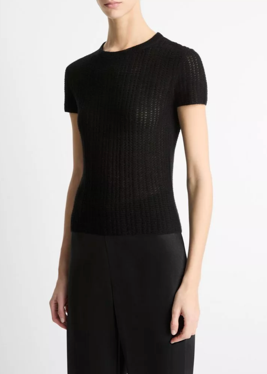Waffle-Knit Cashmere-Silk Short Sleeve Crew-Shirts-Vince-Black-XXS-Mercantile Portland