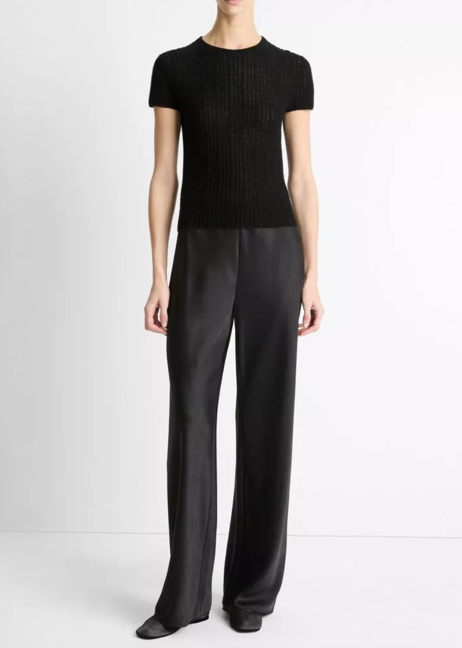 Waffle-Knit Cashmere-Silk Short Sleeve Crew-T-Shirts-Vince-Black-XXS-Mercantile Portland