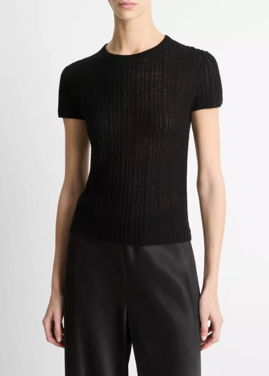 Waffle-Knit Cashmere-Silk Short Sleeve Crew-T-Shirts-Vince-Black-XXS-Mercantile Portland