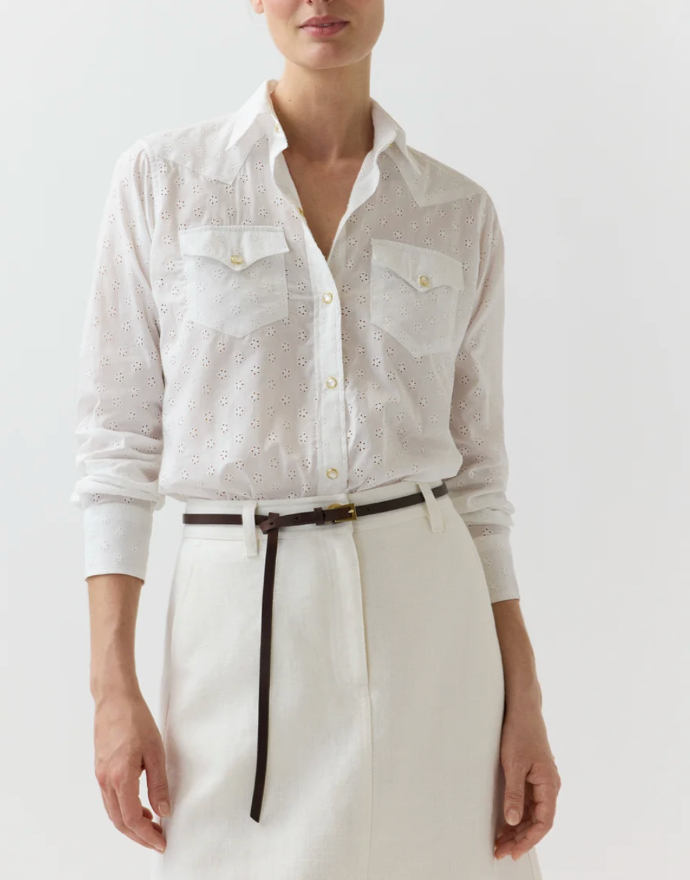 Western Shirt in White Eyelet-Shirts-Mashburn-White-XS-Mercantile Portland