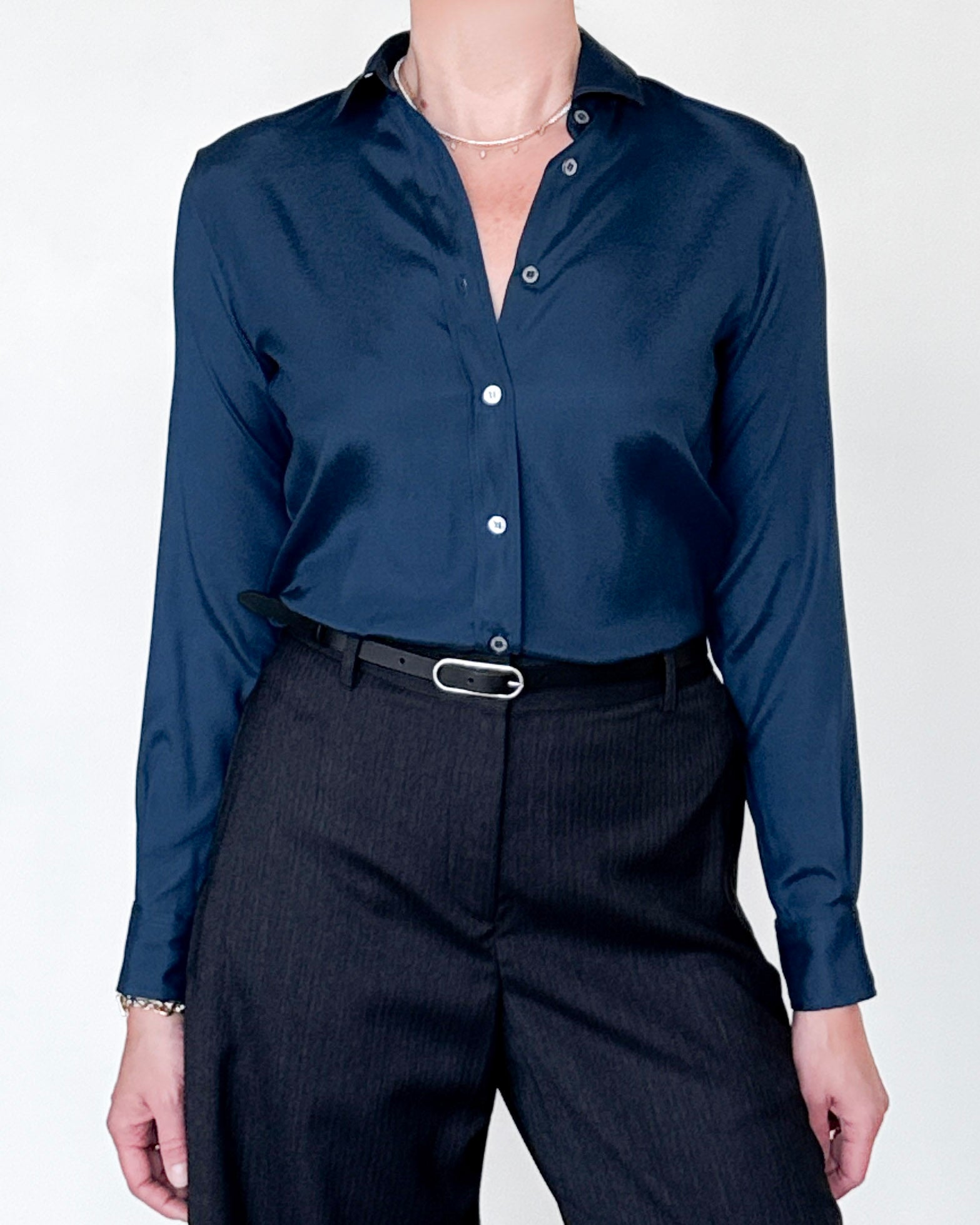 Yuppy R Stretch Silk Shirt in Navy-Shirts-Amina Rubinacci-Navy-38-Mercantile Portland