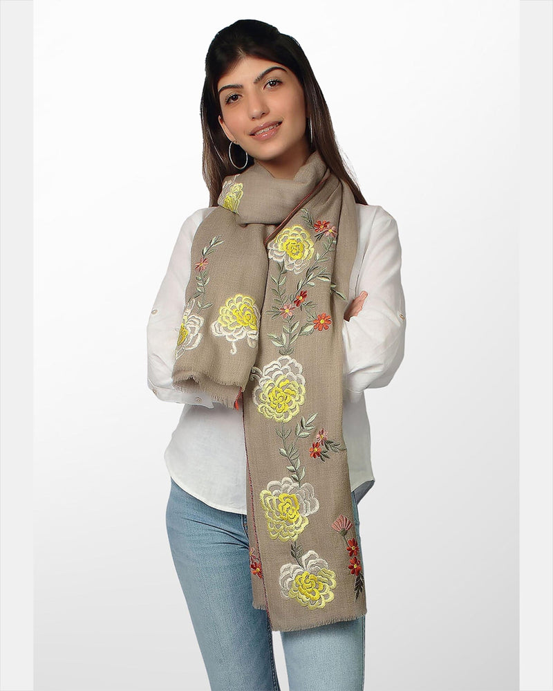 Avignon Natural Melange Wool And Silk Scarf With Multicolor Embroidery-Maneesha Ruia-Mercantile Portland