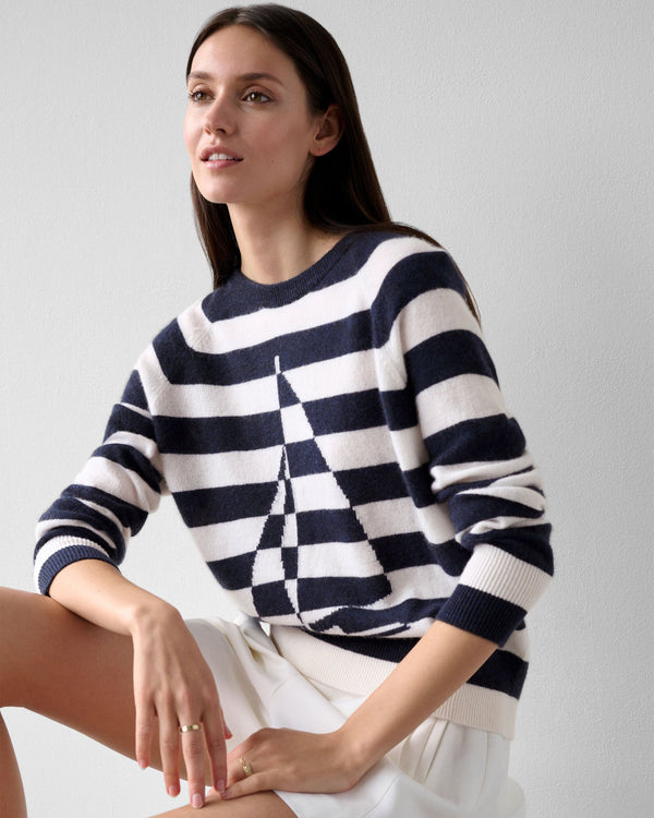 Cashmere Sailboat Stripe Crewneck-White + Warren-Mercantile Portland