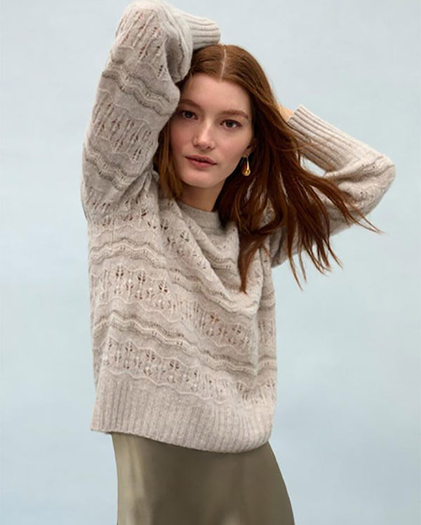 Cashmere Lace Stitch Crewneck-White + Warren-Mercantile Portland