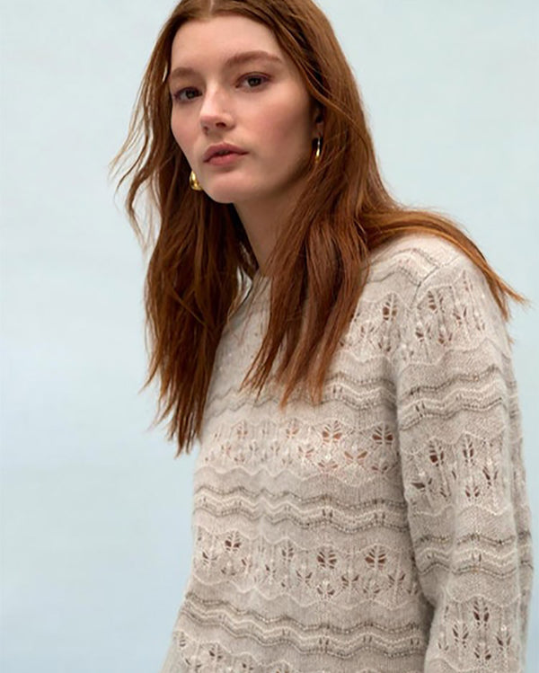 Cashmere Lace Stitch Crewneck-White + Warren-Mercantile Portland