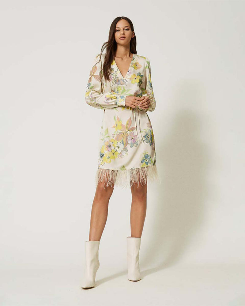 Short Floral Twill Dress with Feathers-Twinset-Mercantile Portland