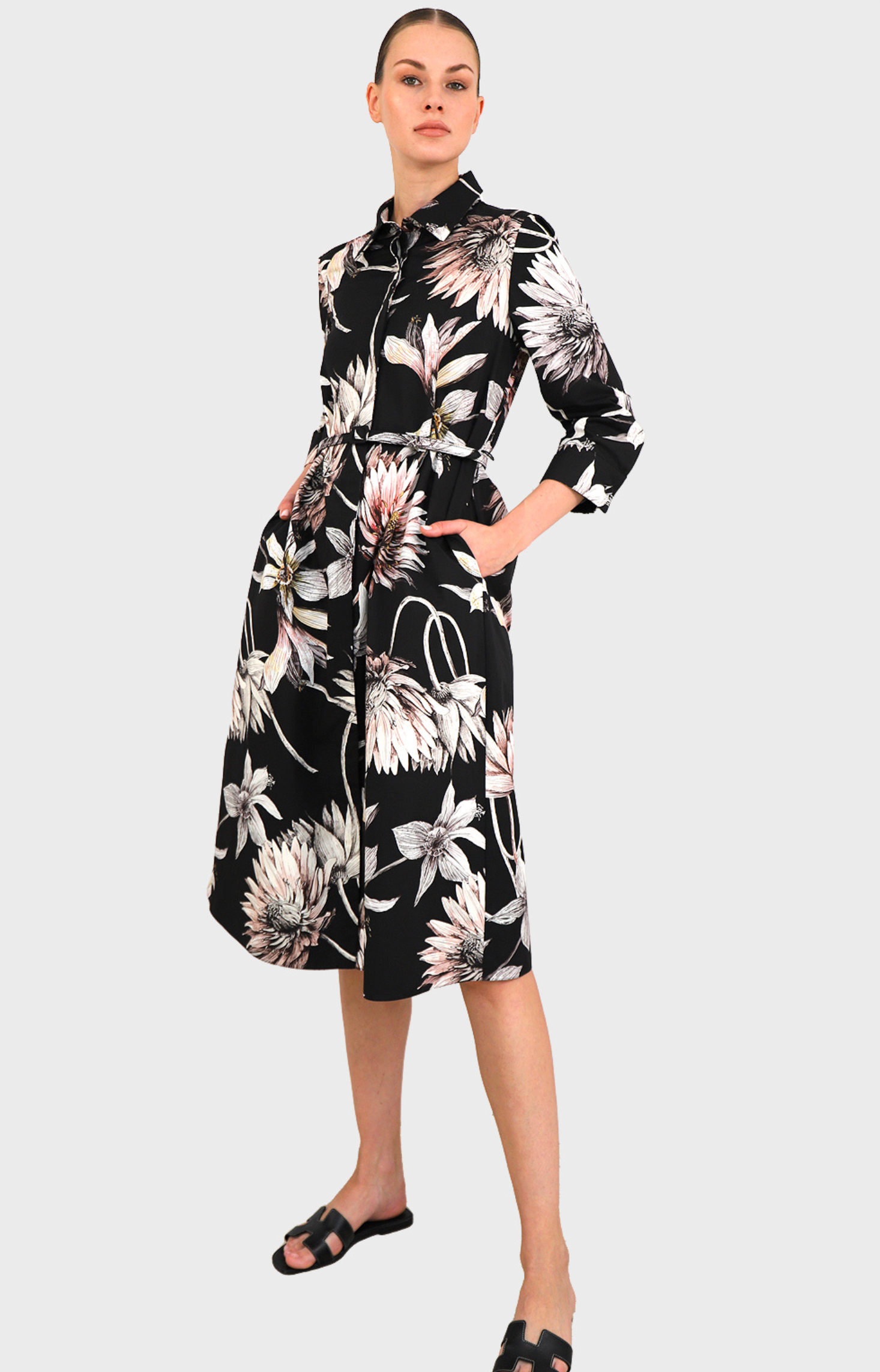 3/4 Sleeve Printed Floral Dress-Clothing-Rani Arabella-Black-XS-Mercantile Portland