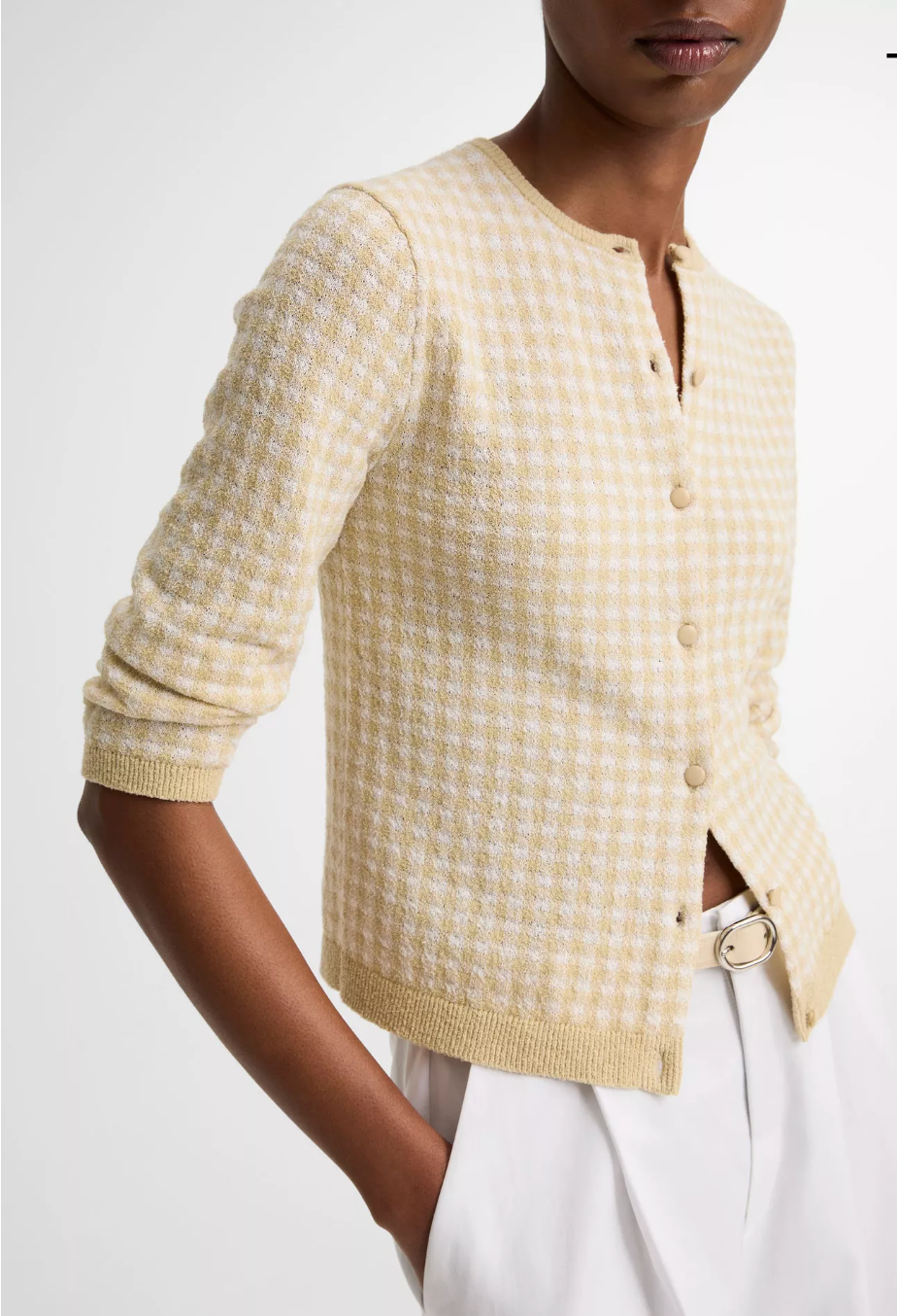 Gingham Italian Wool-Blend Cardigan Vince Off White/Maiz at Mercantile Portland