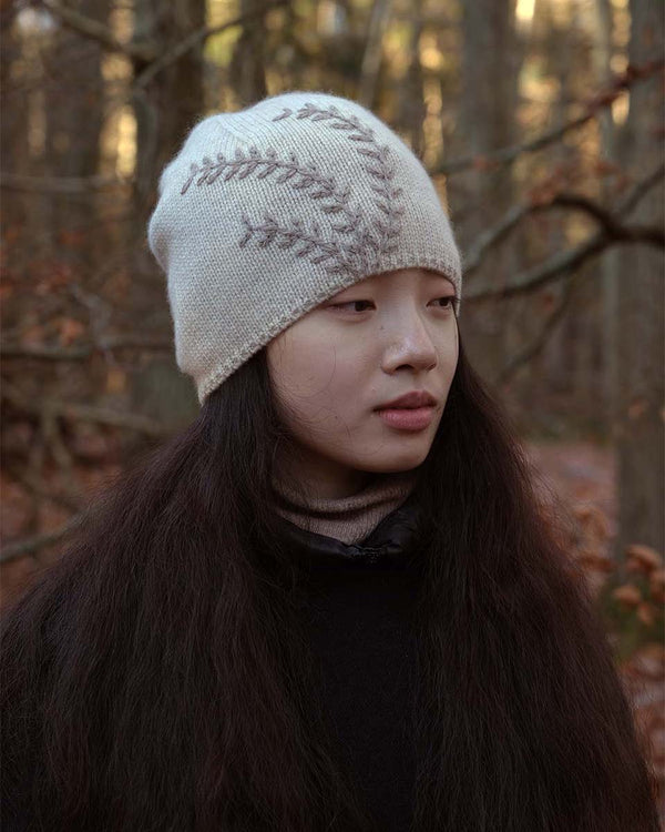 Cashmere Beanie with Leaves-Oats & Rice-Mercantile Portland