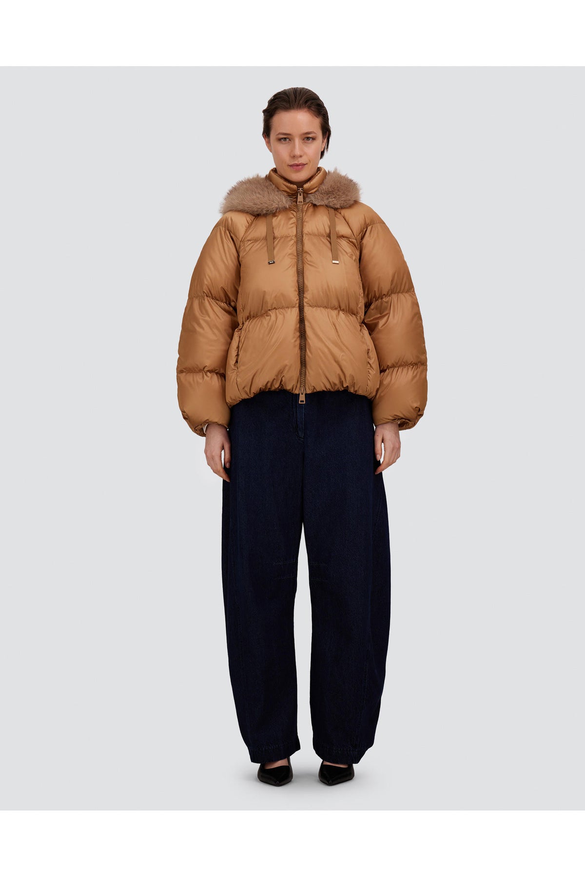 Pearl Nylon Quilt Puffy Herno Camel at Mercantile Portland model