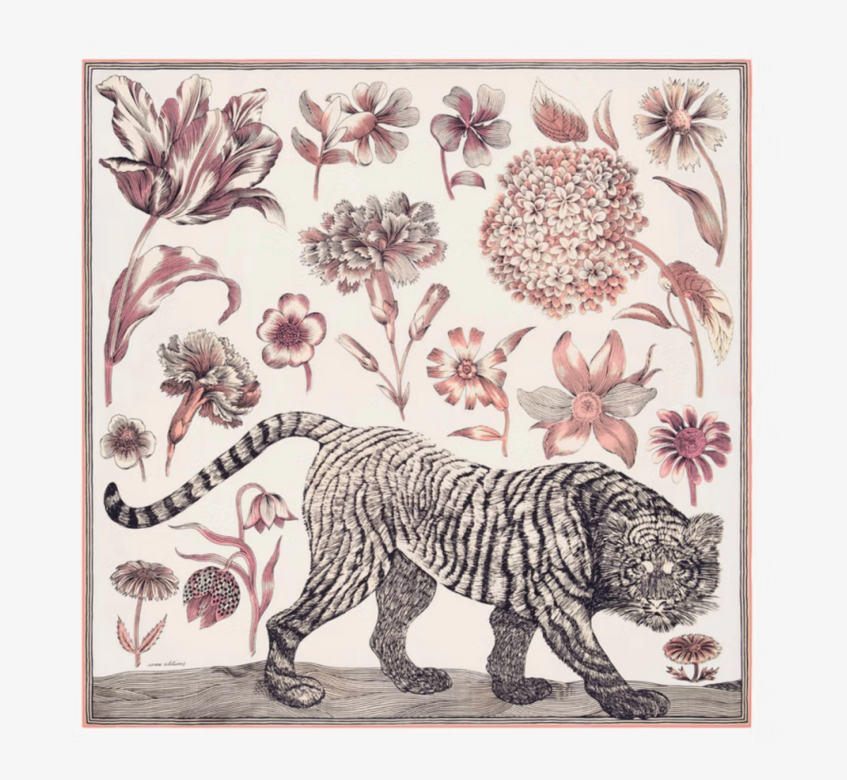 A square botanical art print featuring a black-and-white striped tiger walking across the bottom, surrounded by muted pink and gray flowers on an off-white background, with a thin pink border.
