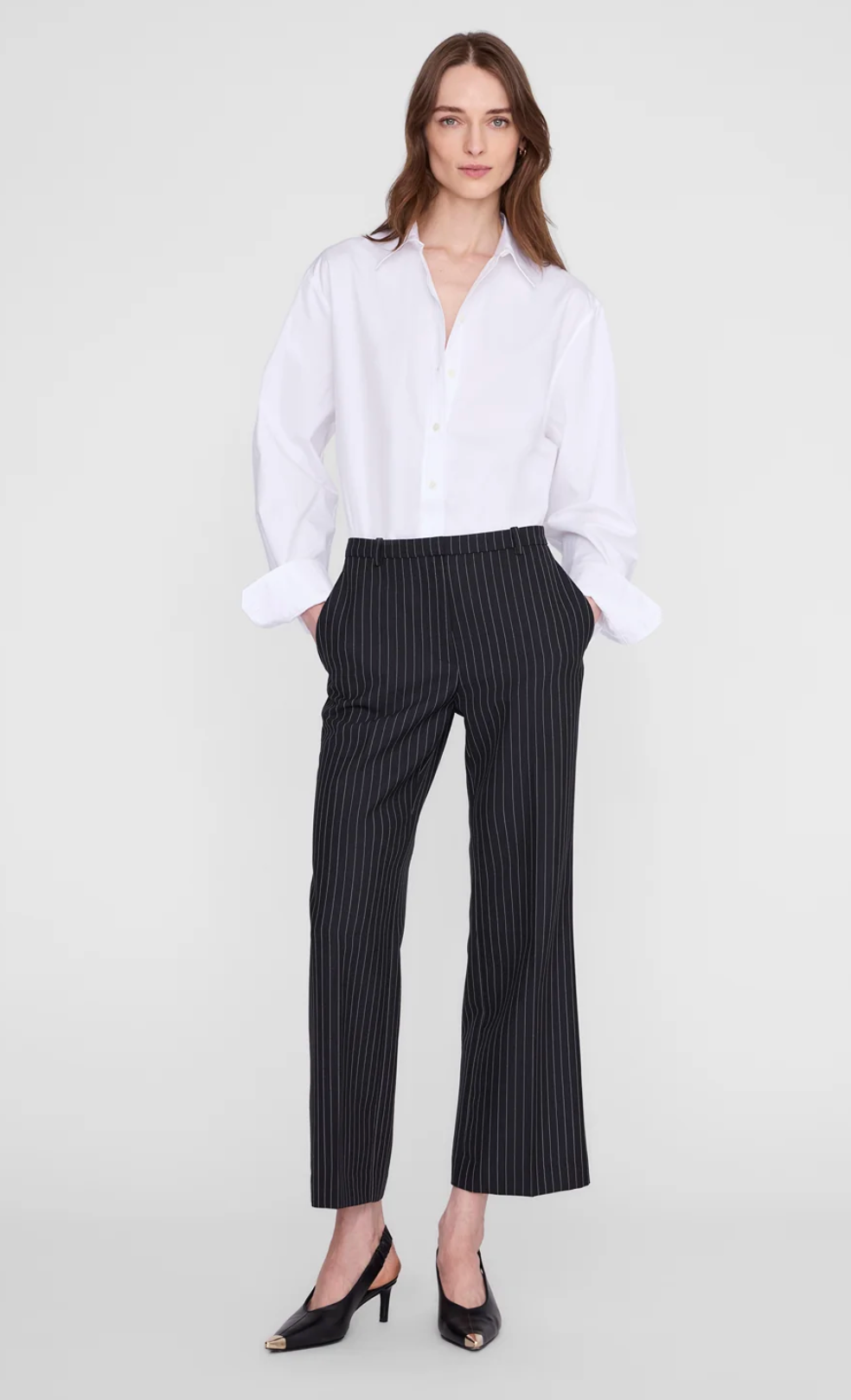 Thomas Trouser Black and White Pinstripe at Mercantile Portland model