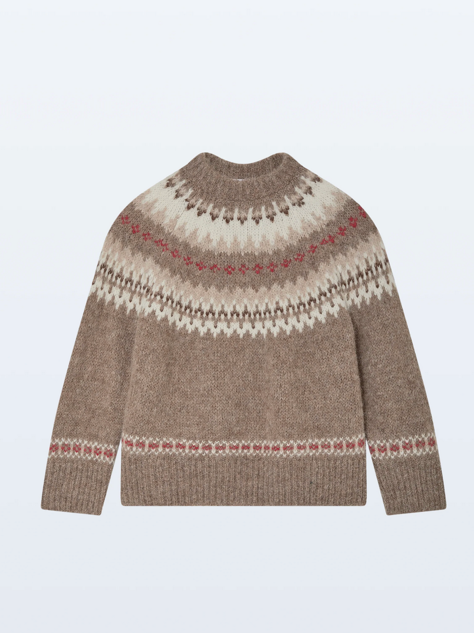 Alpaca Fair Isle Crewneck Sweater-Sweaters-White & Warren-Brown Combo-XS-Mercantile Portland