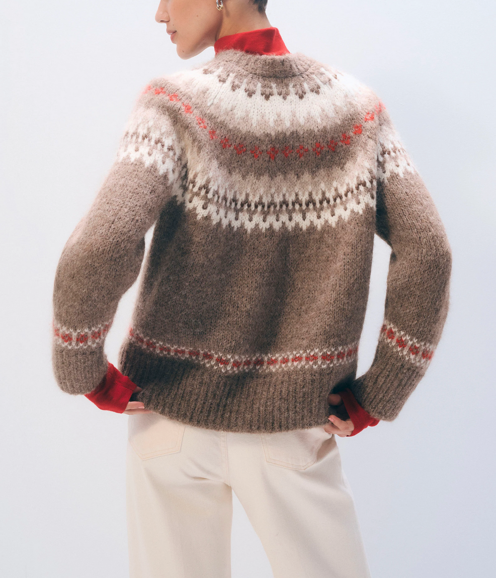 Alpaca Fair Isle Crewneck Sweater-Sweaters-White & Warren-Brown Combo-XS-Mercantile Portland