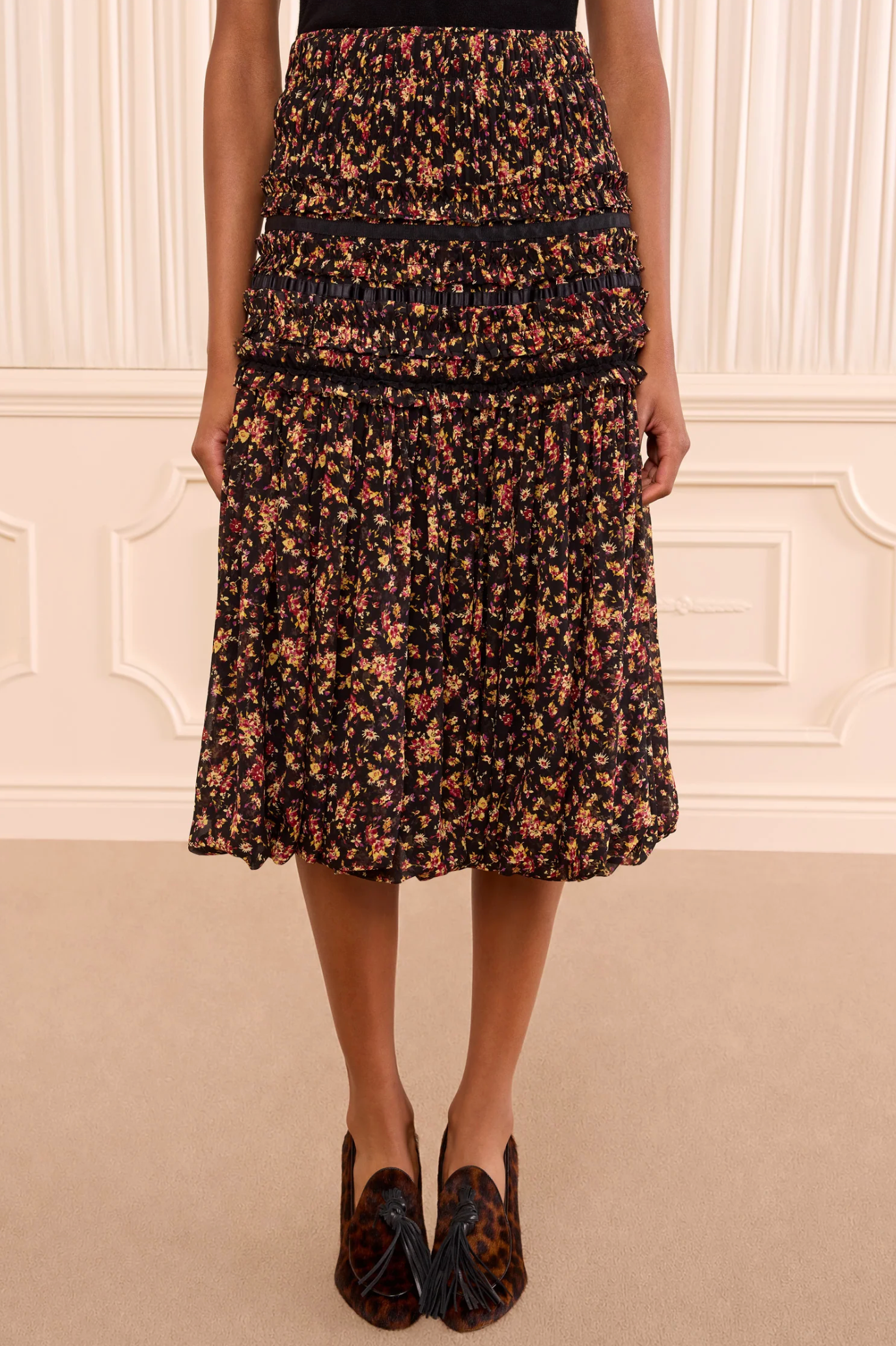 Auden Silk Skirt-Skirts and Shorts-ULLA JOHNSON-Noir Mille- Fleur-0-Mercantile Portland
