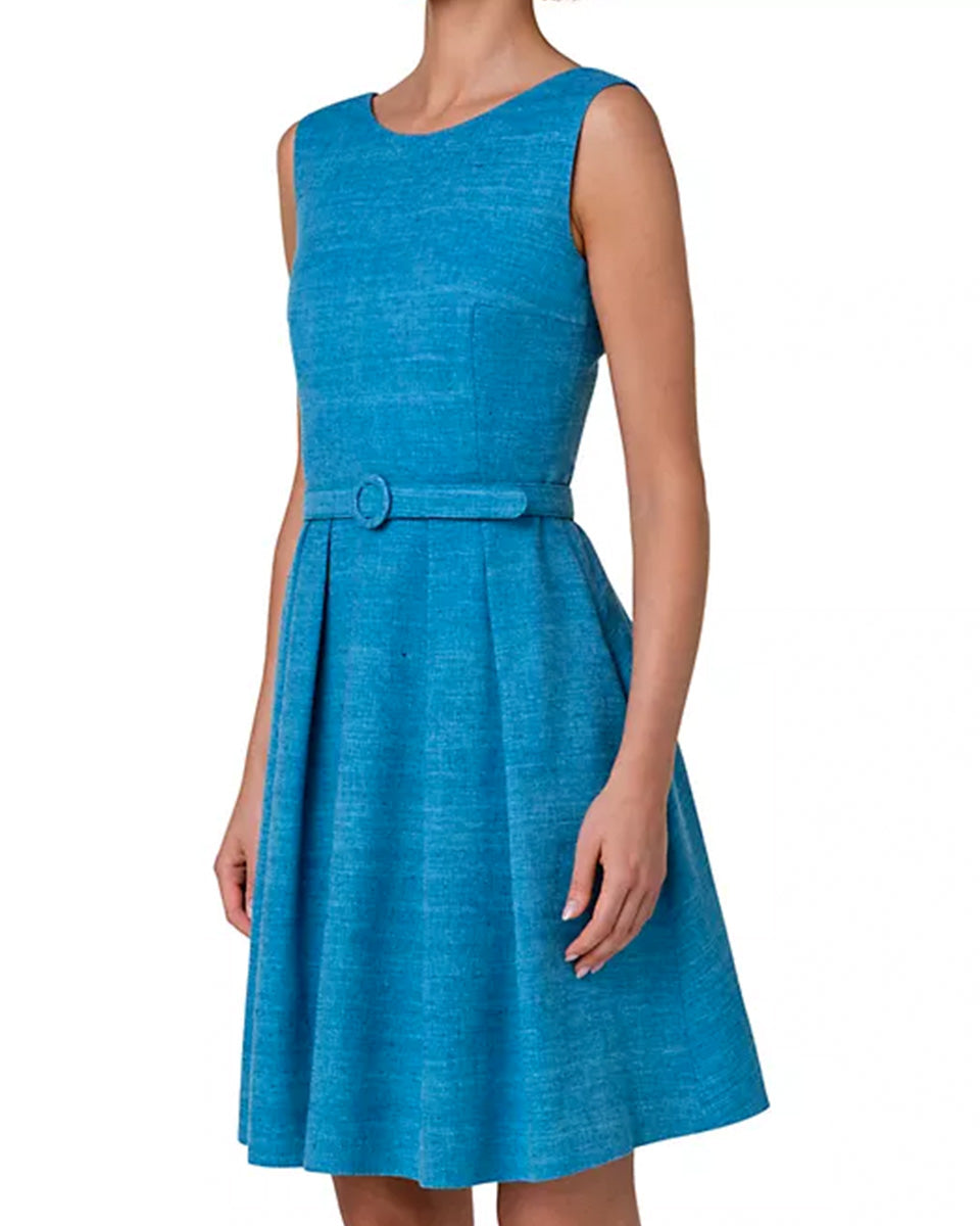 Belted Pleated Silk Minidress-Dresses-Akris Punto-Medium Blue • Akris Punto-2-Mercantile Portland