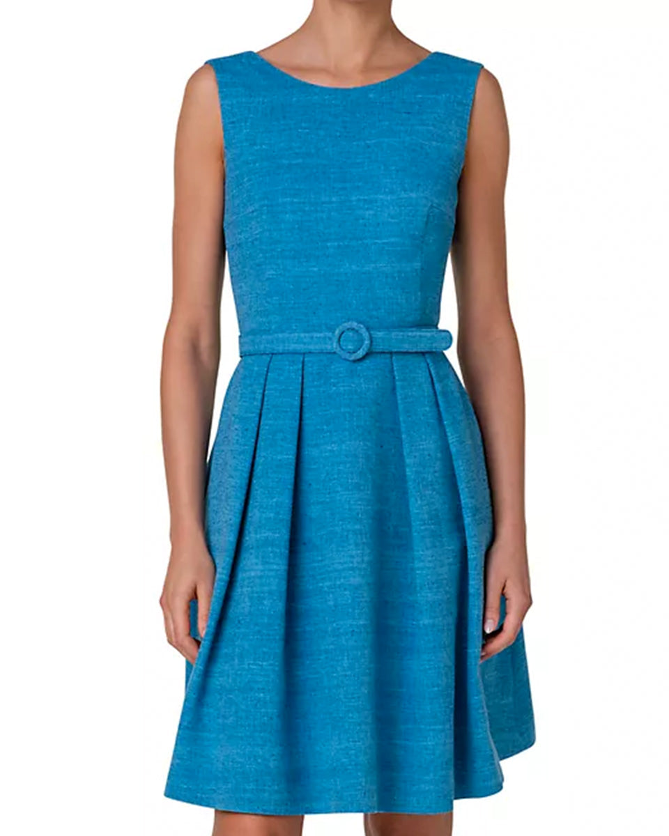 Belted Pleated Silk Minidress-Dresses-Akris Punto-Medium Blue • Akris Punto-2-Mercantile Portland