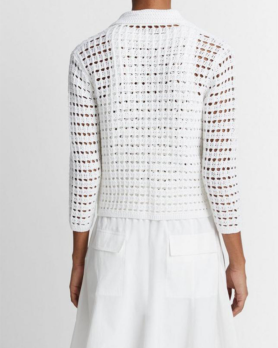 Block-Stitch Cotton Three-Quarter-Sleeve Cardigan-Sweaters-Vince-Optic White-XXS-Mercantile Portland