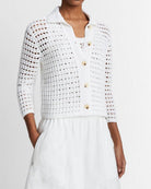 Block-Stitch Cotton Three-Quarter-Sleeve Cardigan-Sweaters-Vince-Optic White-XXS-Mercantile Portland