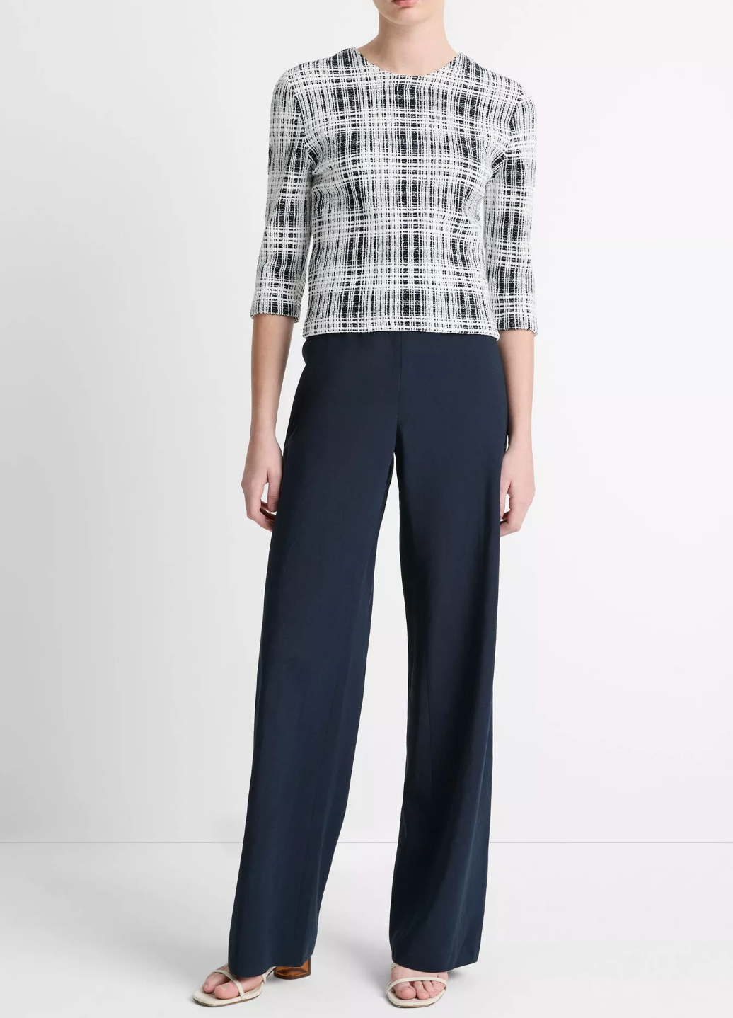Bouclé Plaid Elbow-Sleeve Sweater-Clothing-Vince-Coastal Blue/ Off White-XXS-Mercantile Portland