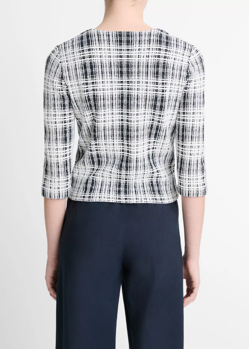 Bouclé Plaid Elbow-Sleeve Sweater-Clothing-Vince-Coastal Blue/ Off White-XXS-Mercantile Portland