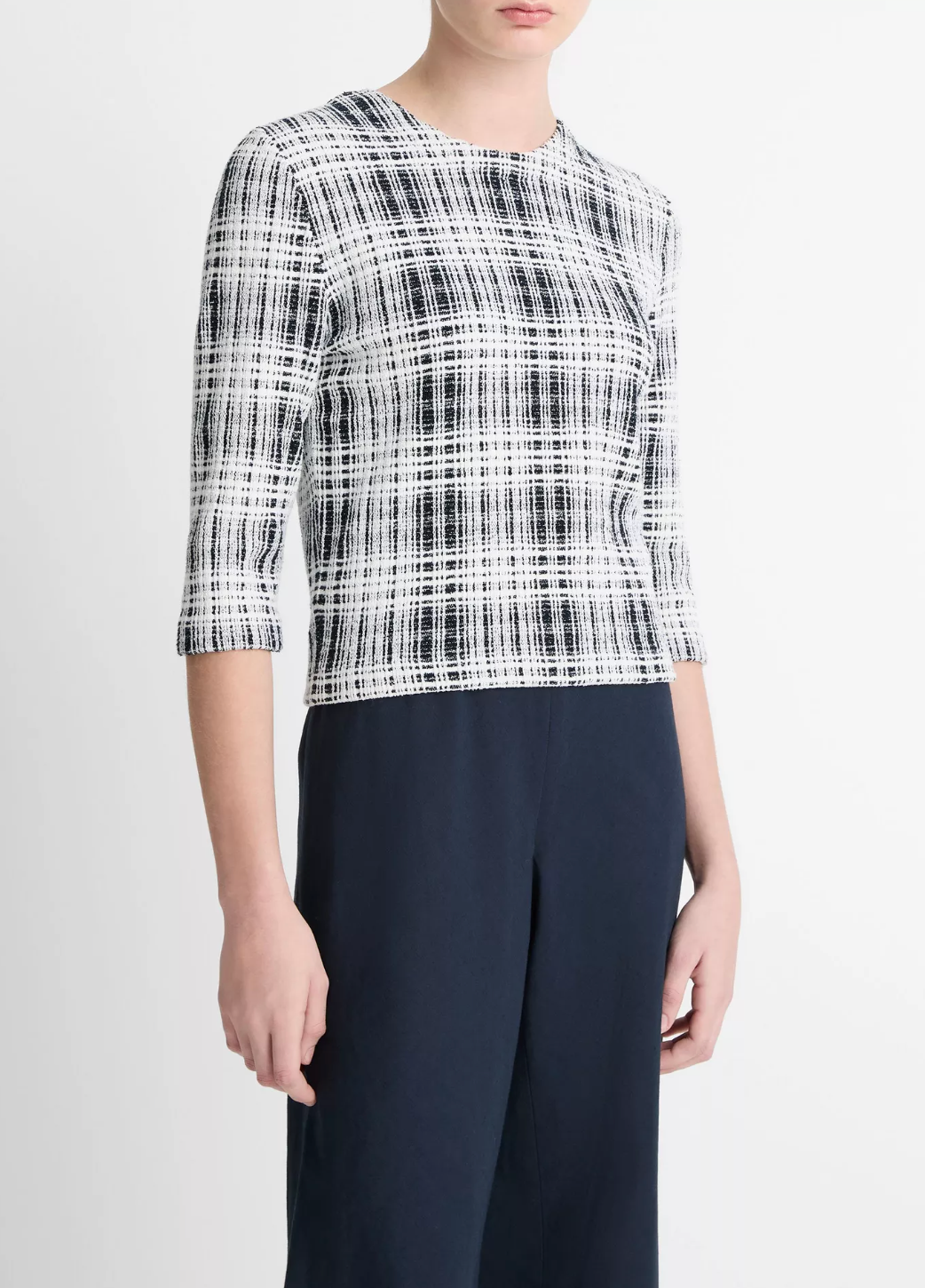 Bouclé Plaid Elbow-Sleeve Sweater-Clothing-Vince-Coastal Blue/ Off White-XXS-Mercantile Portland