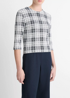 Bouclé Plaid Elbow-Sleeve Sweater-Clothing-Vince-Coastal Blue/ Off White-XXS-Mercantile Portland