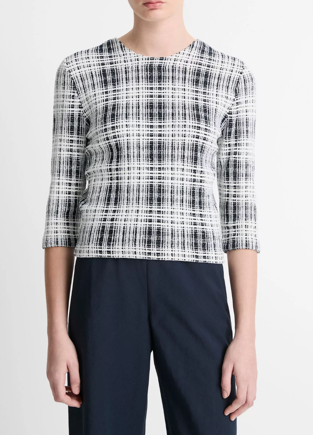 Bouclé Plaid Elbow-Sleeve Sweater-Clothing-Vince-Coastal Blue/ Off White-XXS-Mercantile Portland