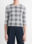Bouclé Plaid Elbow-Sleeve Sweater-Clothing-Vince-Coastal Blue/ Off White-XXS-Mercantile Portland