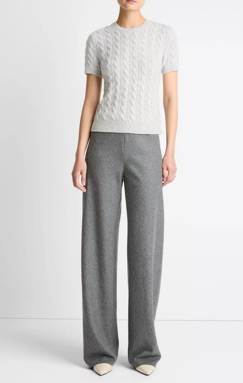 Cable-Knit Short Sleeve Sweater-Sweaters-Vince-Heather Pale Grey-XS-Mercantile Portland