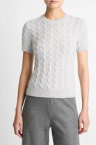 Cable-Knit Short Sleeve Sweater-Sweaters-Vince-Heather Pale Grey-XS-Mercantile Portland