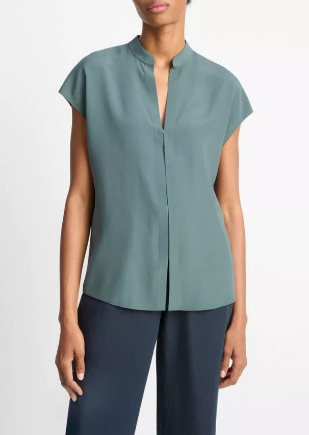 Cap Sleeve Blouse - Contrast Hidden Placket-Clothing-Vince-Teal Stone Clay-XXS-Mercantile Portland