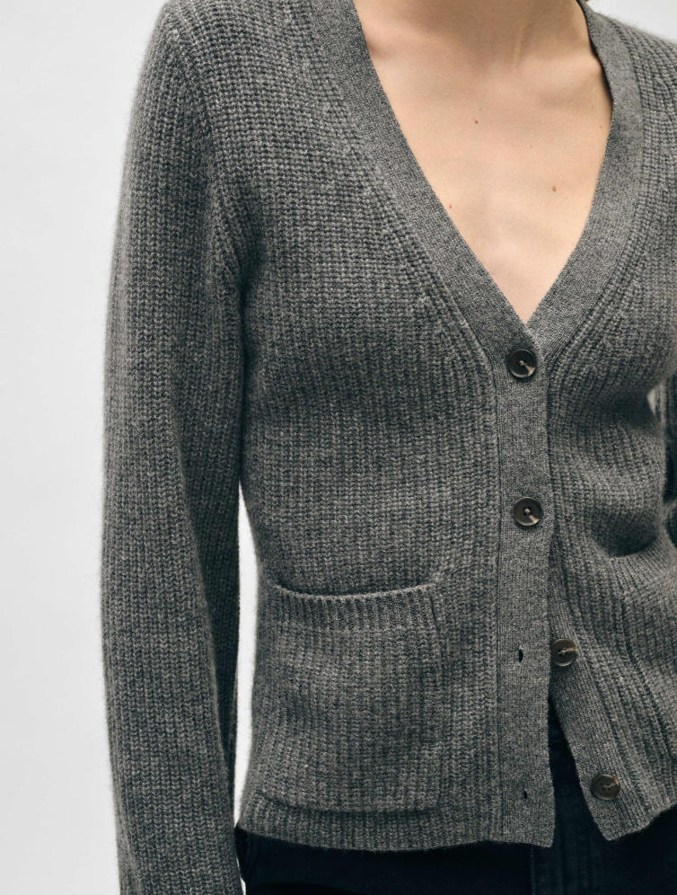 Cashmere Fluted Sleeve Cardigan-Clothing-WHITE & WARREN-Graphite Heather-XS-Mercantile Portland