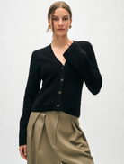 Cashmere Fluted Sleeve Cardigan-Clothing-WHITE & WARREN-Black-XS-Mercantile Portland