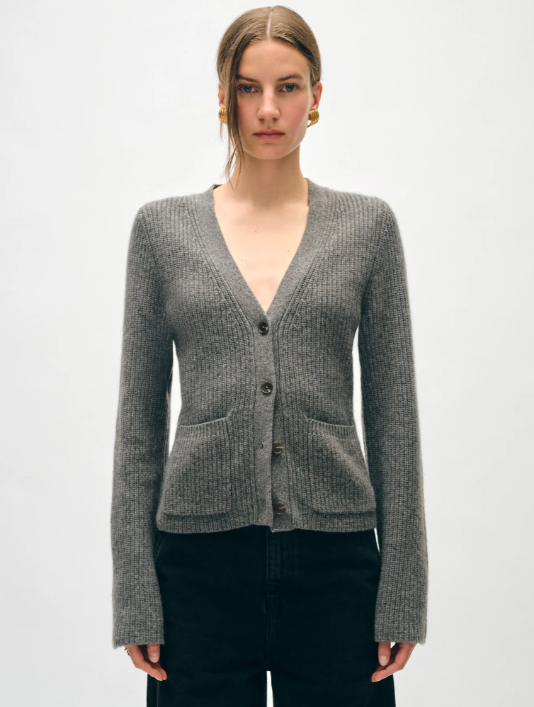 Cashmere Fluted Sleeve Cardigan-Clothing-WHITE & WARREN-Graphite Heather-XS-Mercantile Portland