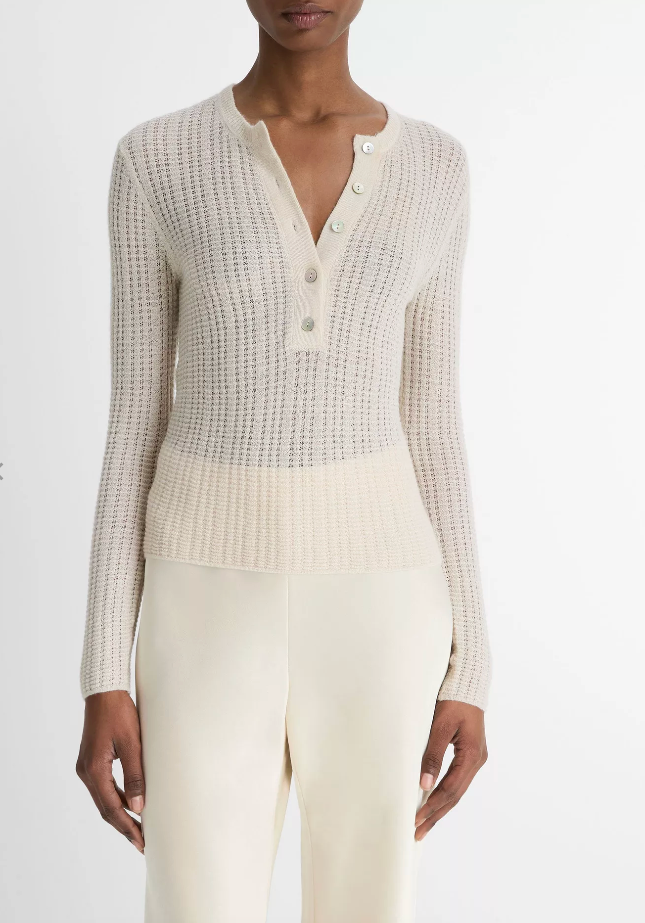 Cashmere-Silk Waffle-Knit Henley-Clothing-Vince-White Sand-XXS-Mercantile Portland