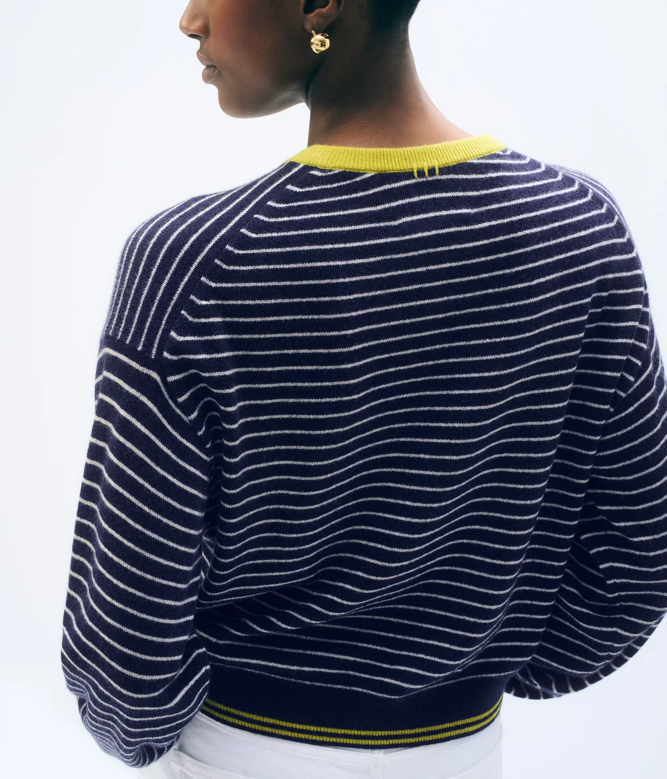 Cashmere Striped Crew in Navy/Citronelle-Sweaters-White & Warren-Navy-XS-Mercantile Portland