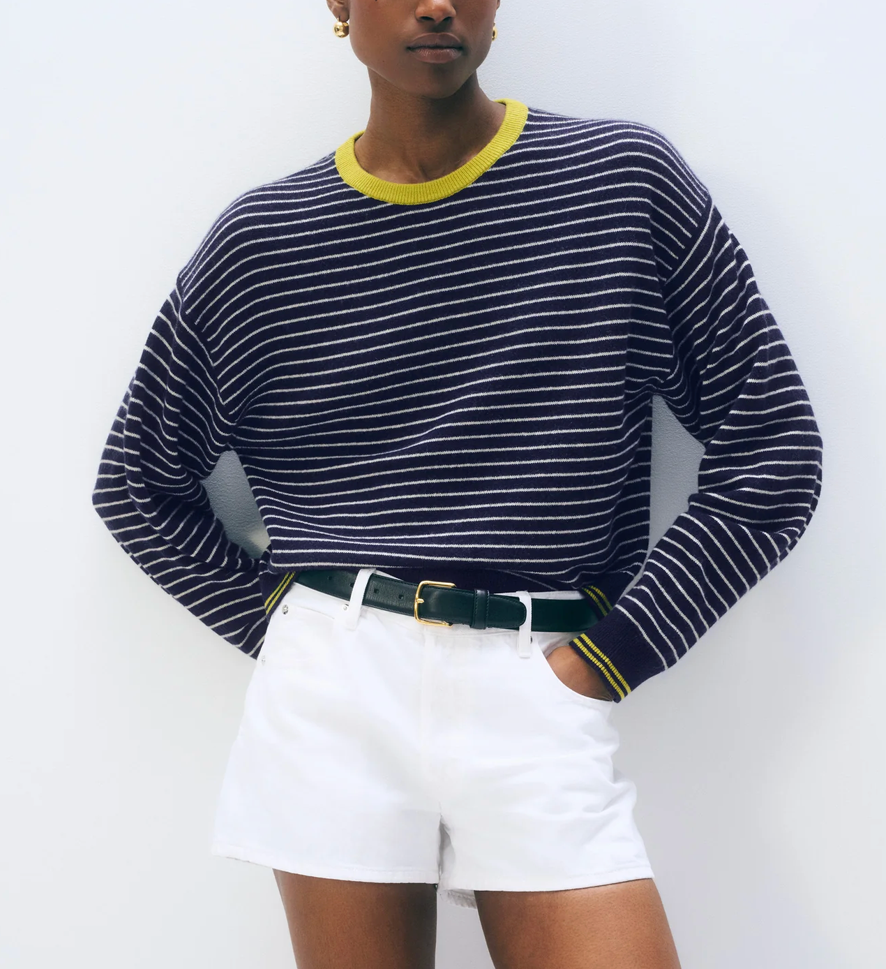 Cashmere Striped Crew in Navy/Citronelle-Sweaters-White & Warren-Navy-XS-Mercantile Portland