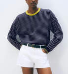 Cashmere Striped Crew in Navy/Citronelle-Sweaters-White & Warren-Navy-XS-Mercantile Portland