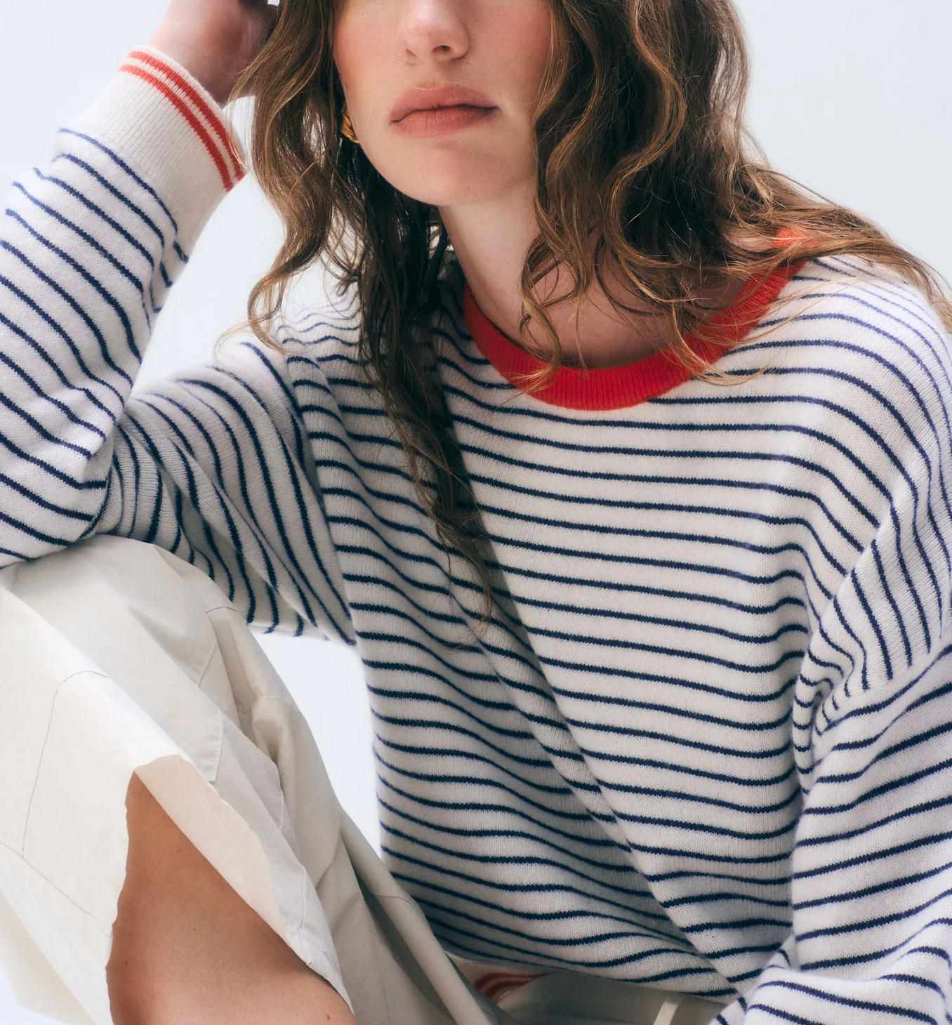 Cashmere Striped Crew in Soft White/Red-Sweaters-White & Warren-White-XS-Mercantile Portland