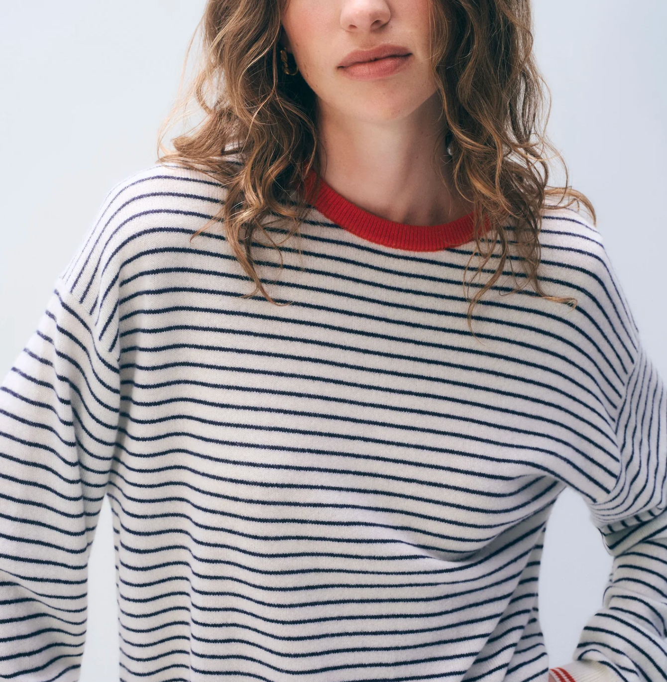 Cashmere Striped Crew in Soft White/Red-Sweaters-White & Warren-White-XS-Mercantile Portland