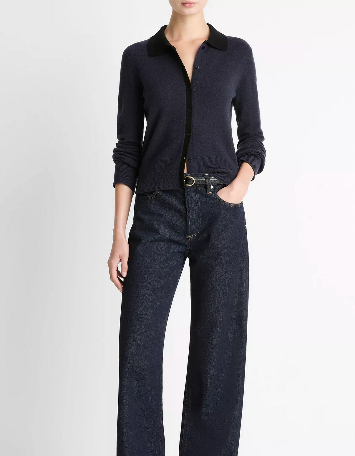 Contrast-Trim Wool & Cashmere-Blend Collared Cardigan-Sweaters-Vince-Night Marine/Black-XS-Mercantile Portland